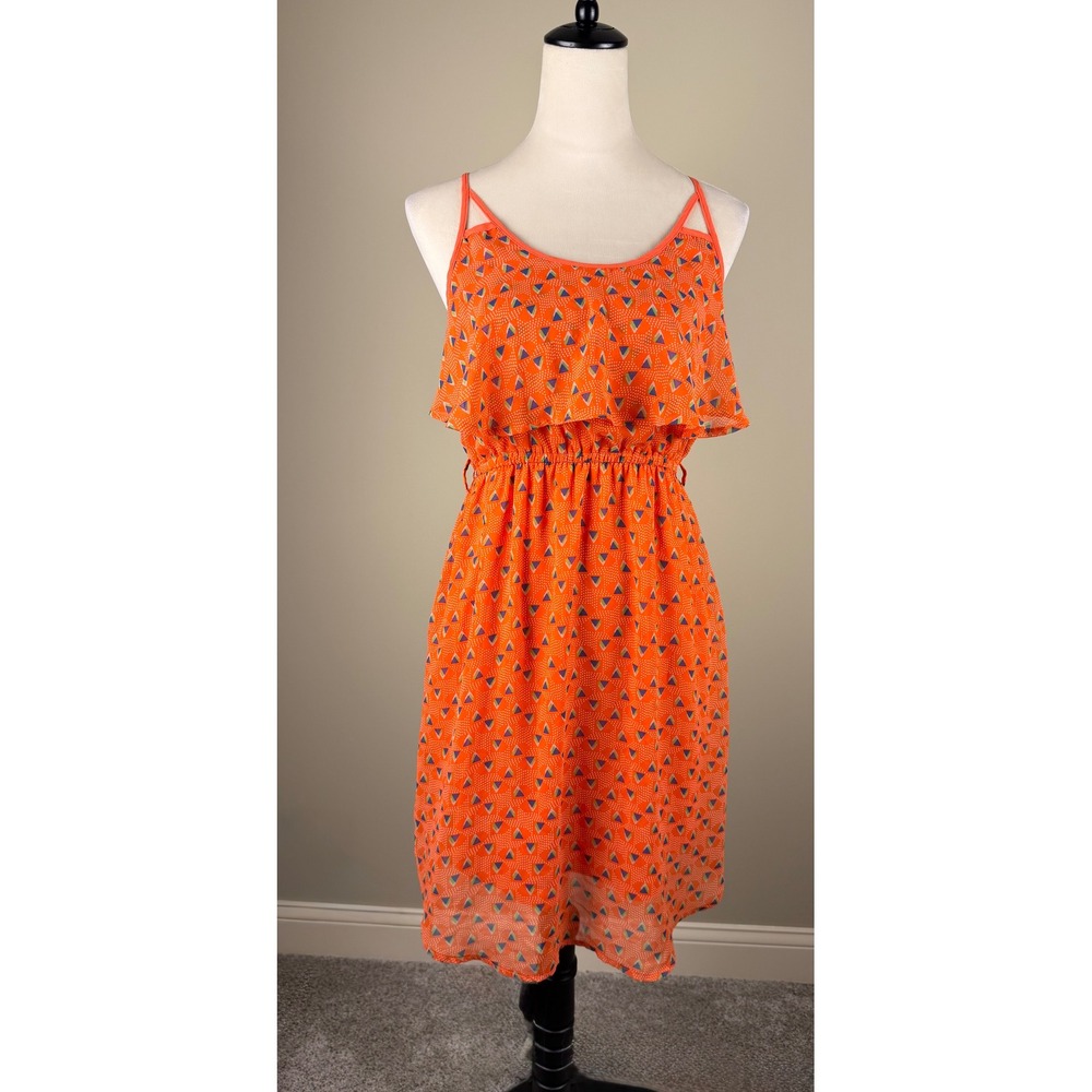YA Los Angeles Orange Geometric Triangle Print Ruffle‎ Dress Strappy Back Medium